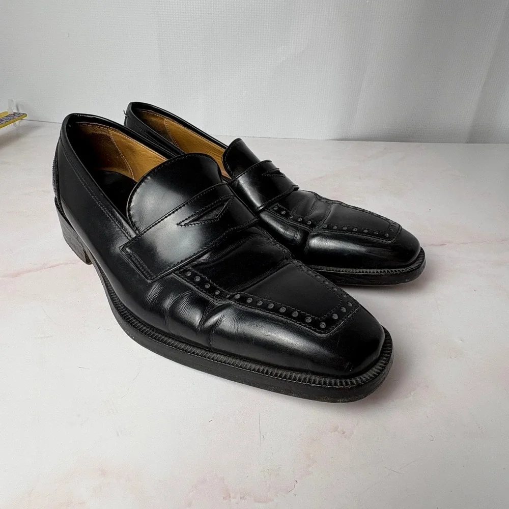 Santoni Fatte a Mano Handmade in Italy Men Black Leather Square Toe Loafers 37.5